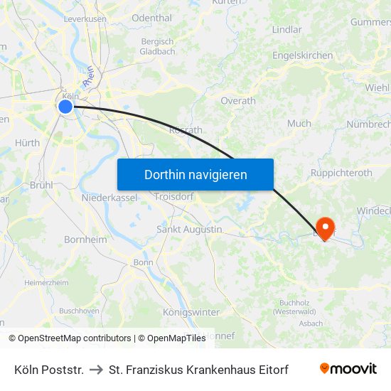 Köln Poststr. to St. Franziskus Krankenhaus Eitorf map