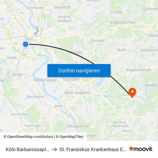 Köln Barbarossaplatz to St. Franziskus Krankenhaus Eitorf map