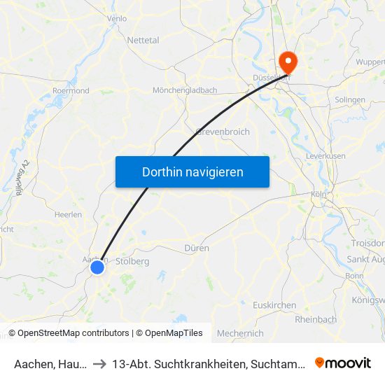 Aachen, Hauptbahnhof to 13-Abt. Suchtkrankheiten, Suchtambulanz, Abt. Allg. Psych. II map