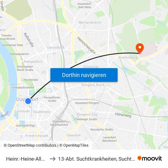 Heinr.-Heine-Allee U - Düsseldorf to 13-Abt. Suchtkrankheiten, Suchtambulanz, Abt. Allg. Psych. II map