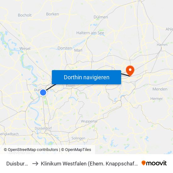 Duisburg Hbf to Klinikum Westfalen (Ehem. Knappschaftskrankenhaus) map