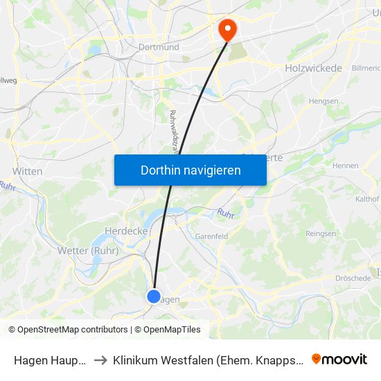 Hagen Hauptbahnhof to Klinikum Westfalen (Ehem. Knappschaftskrankenhaus) map