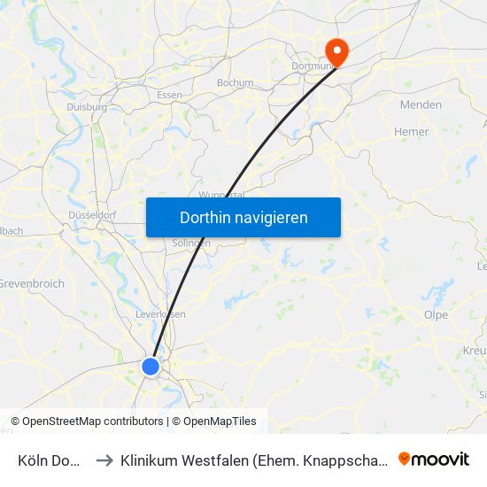 Köln Dom/Hbf to Klinikum Westfalen (Ehem. Knappschaftskrankenhaus) map