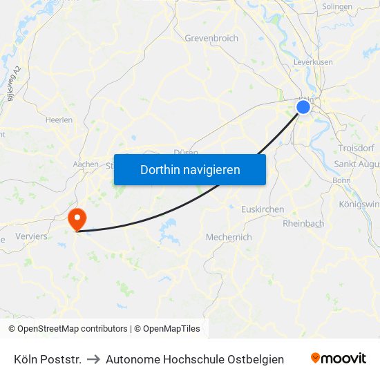 Köln Poststr. to Autonome Hochschule Ostbelgien map