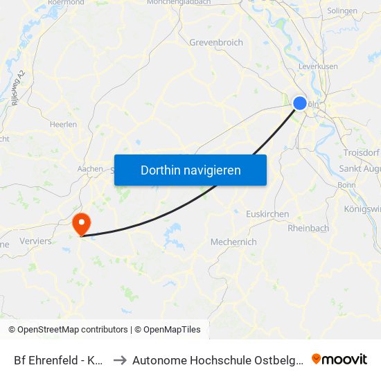 Bf Ehrenfeld - Köln to Autonome Hochschule Ostbelgien map