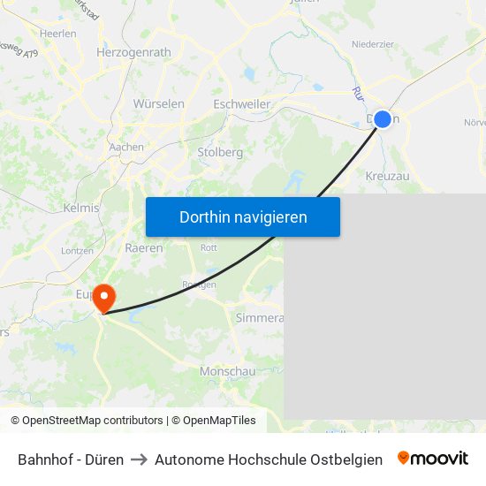 Bahnhof - Düren to Autonome Hochschule Ostbelgien map