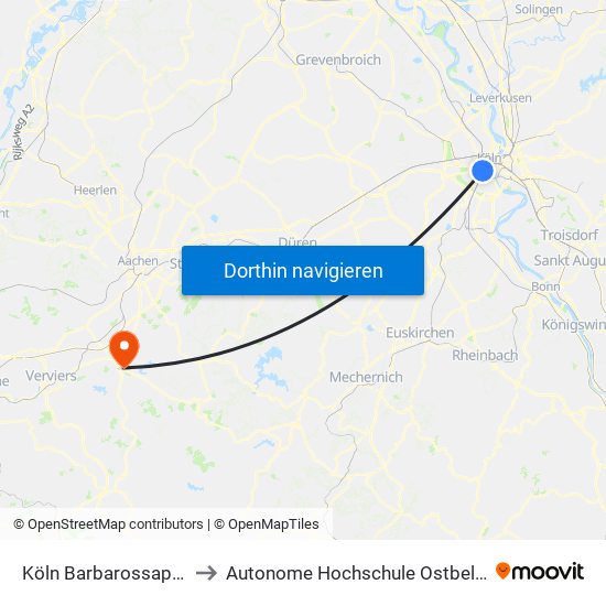 Köln Barbarossaplatz to Autonome Hochschule Ostbelgien map