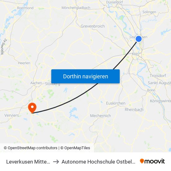 Leverkusen Mitte Bf to Autonome Hochschule Ostbelgien map