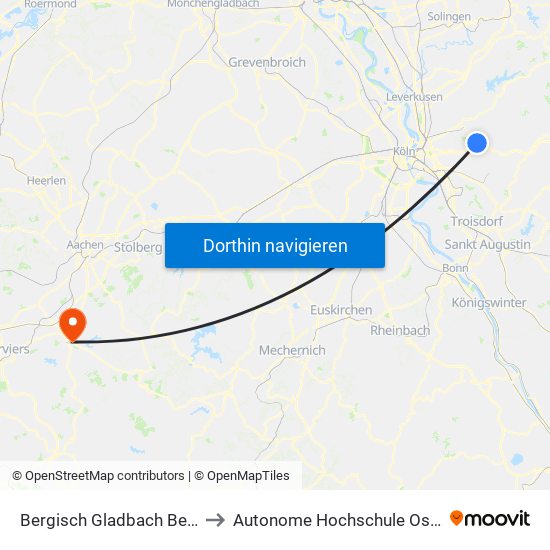 Bergisch Gladbach Bensberg to Autonome Hochschule Ostbelgien map