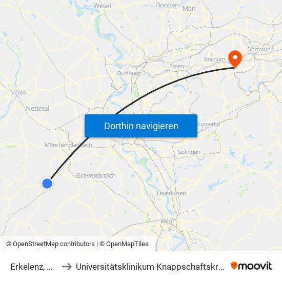 Erkelenz, Bahnhof to Universitätsklinikum Knappschaftskrankenhaus Bochum map