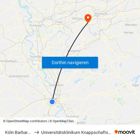 Köln Barbarossaplatz to Universitätsklinikum Knappschaftskrankenhaus Bochum map