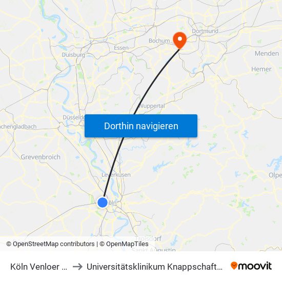 Köln Venloer Str./Gürtel to Universitätsklinikum Knappschaftskrankenhaus Bochum map