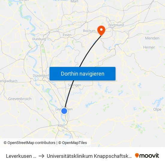 Leverkusen Mitte Bf to Universitätsklinikum Knappschaftskrankenhaus Bochum map