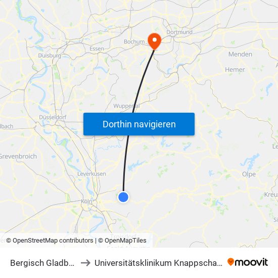 Bergisch Gladbach Bensberg to Universitätsklinikum Knappschaftskrankenhaus Bochum map