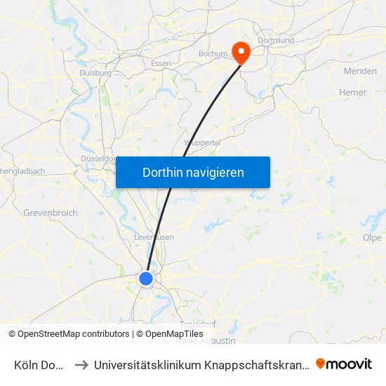 Köln Dom/Hbf to Universitätsklinikum Knappschaftskrankenhaus Bochum map