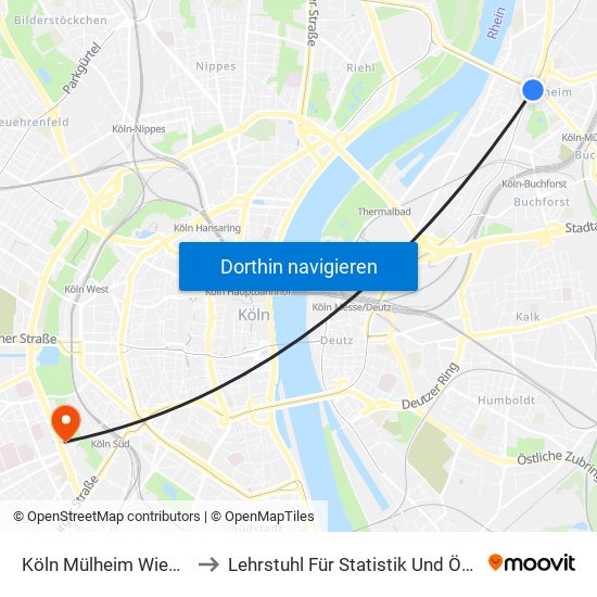 Köln Mülheim Wiener Platz to Lehrstuhl Für Statistik Und Ökonometrie map