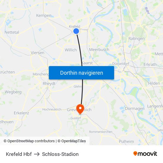 Krefeld Hbf to Schloss-Stadion map