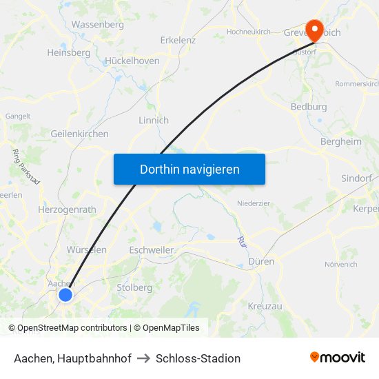 Aachen, Hauptbahnhof to Schloss-Stadion map