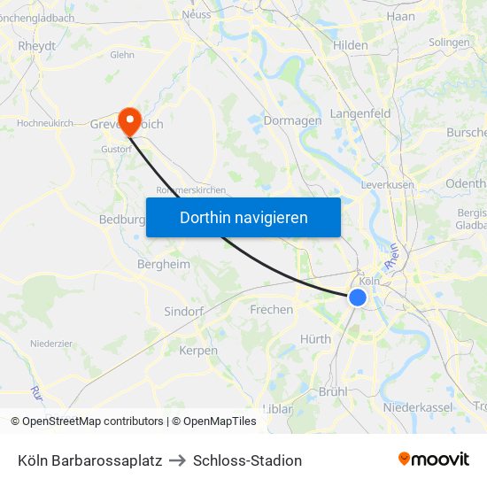 Köln Barbarossaplatz to Schloss-Stadion map