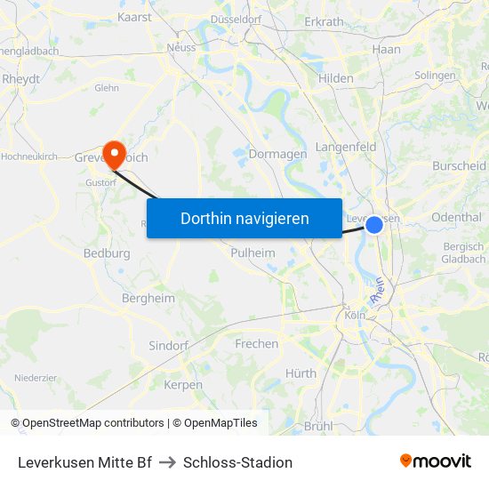 Leverkusen Mitte Bf to Schloss-Stadion map
