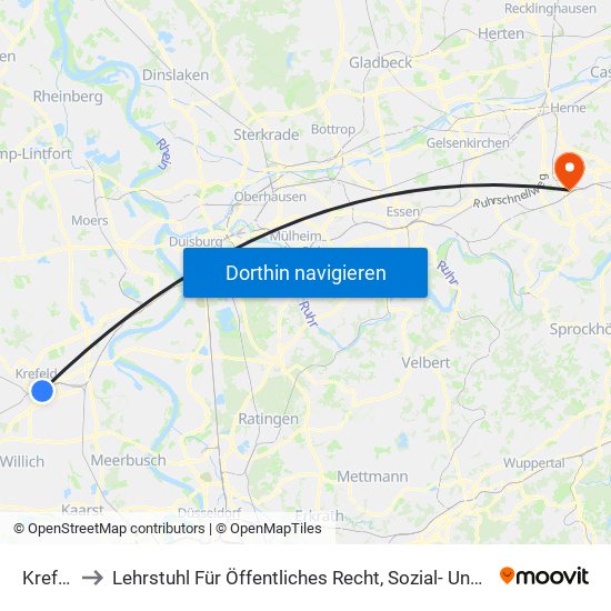 Krefeld Hbf to Lehrstuhl Für Öffentliches Recht, Sozial- Und Gesundheitsrecht Und Rechtsphilosophie map