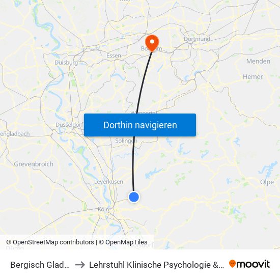 Bergisch Gladbach (S) to Lehrstuhl Klinische Psychologie & Psychotherapie map