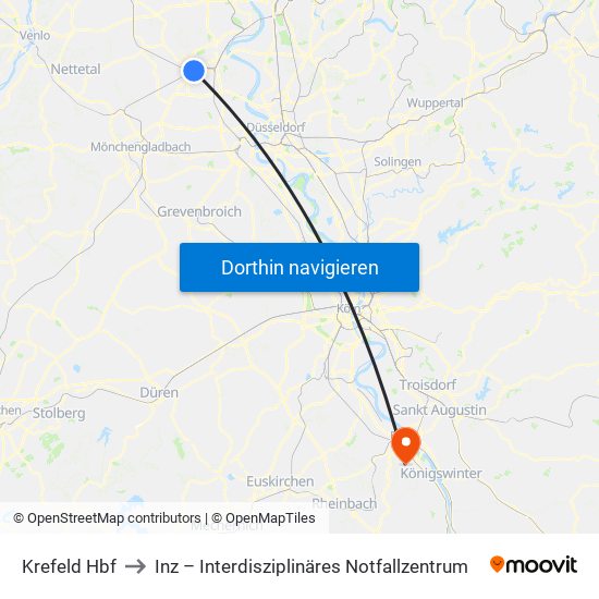 Krefeld Hbf to Inz – Interdisziplinäres Notfallzentrum map