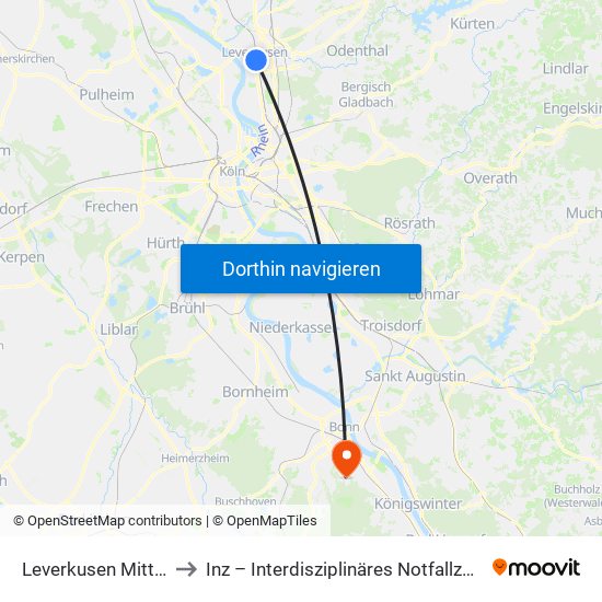 Leverkusen Mitte Bf to Inz – Interdisziplinäres Notfallzentrum map