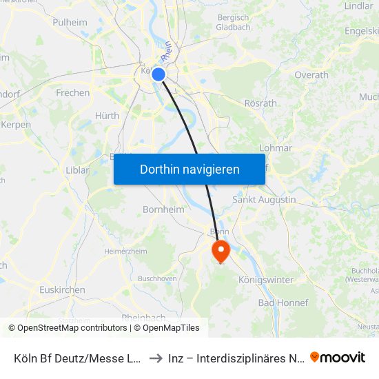 Köln Bf Deutz/Messe Lanxess Arena to Inz – Interdisziplinäres Notfallzentrum map