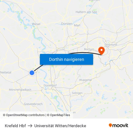 Krefeld Hbf to Universität Witten/Herdecke map