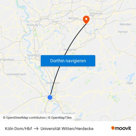 Köln Dom/Hbf to Universität Witten/Herdecke map