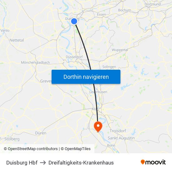 Duisburg Hbf to Dreifaltigkeits-Krankenhaus map