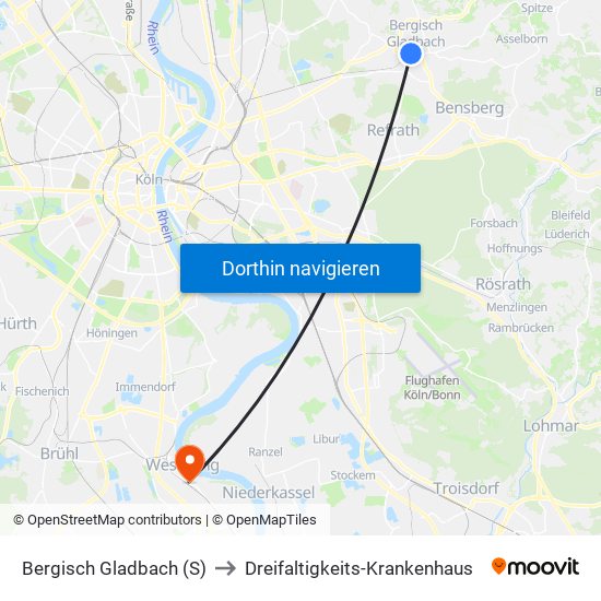 Bergisch Gladbach (S) to Dreifaltigkeits-Krankenhaus map