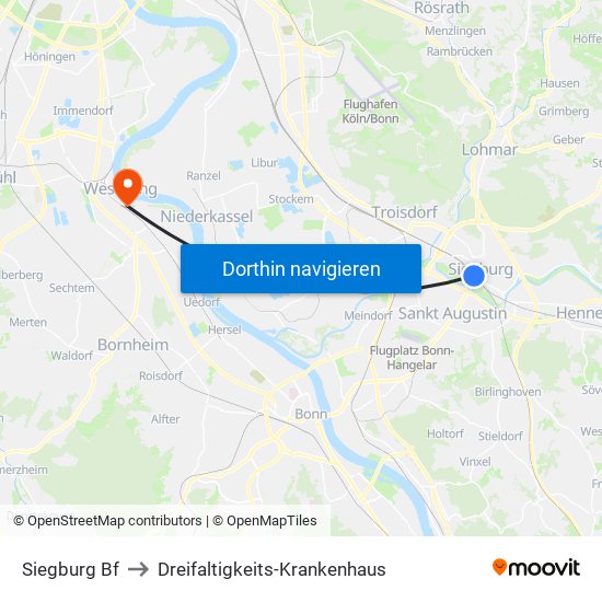 Siegburg Bf to Dreifaltigkeits-Krankenhaus map