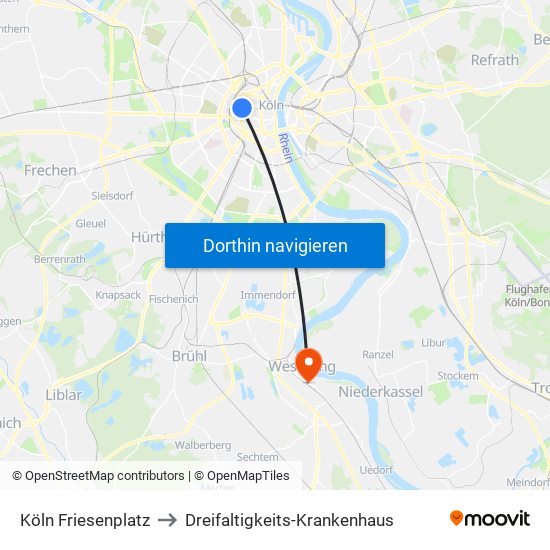 Köln Friesenplatz to Dreifaltigkeits-Krankenhaus map