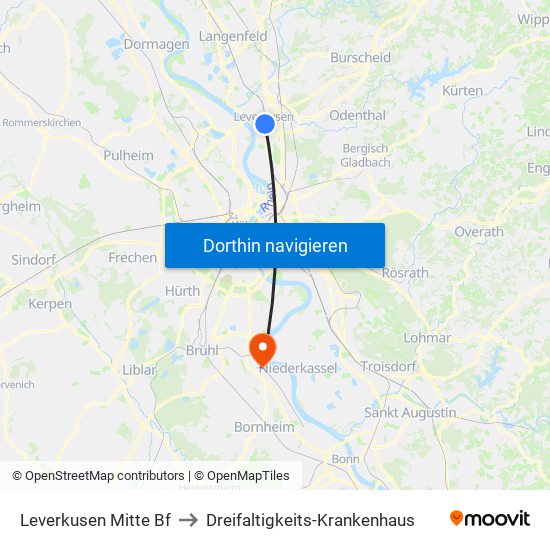 Leverkusen Mitte Bf to Dreifaltigkeits-Krankenhaus map