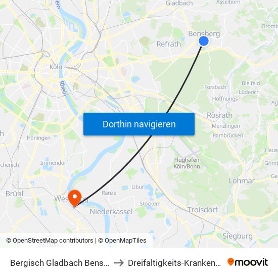Bergisch Gladbach Bensberg to Dreifaltigkeits-Krankenhaus map