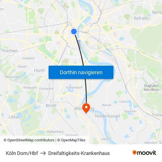 Köln Dom/Hbf to Dreifaltigkeits-Krankenhaus map