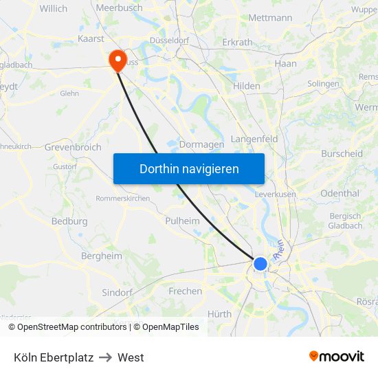 Köln Ebertplatz to West map