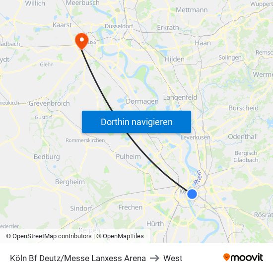 Köln Bf Deutz/Messe Lanxess Arena to West map