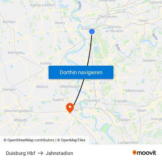 Duisburg Hbf to Jahnstadion map