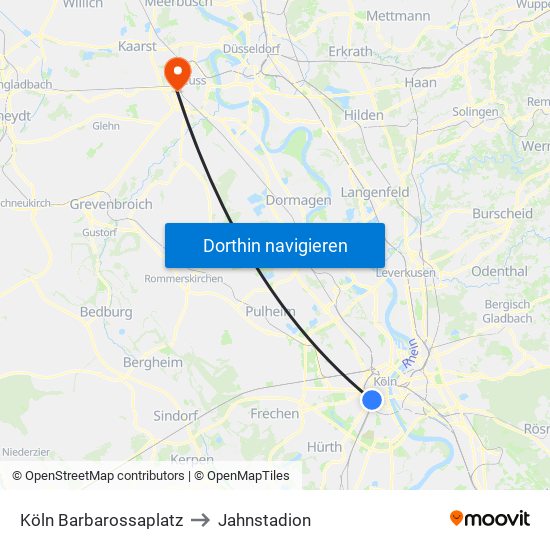 Köln Barbarossaplatz to Jahnstadion map