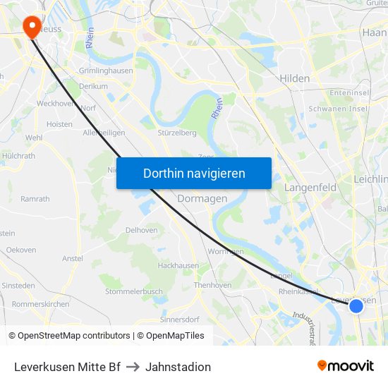 Leverkusen Mitte Bf to Jahnstadion map