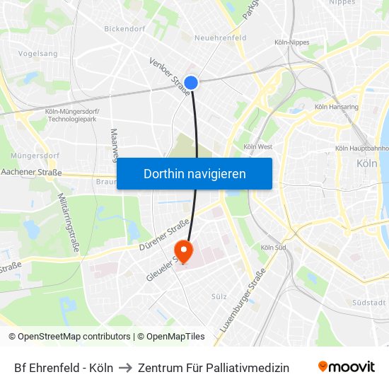 Bf Ehrenfeld - Köln to Zentrum Für Palliativmedizin map