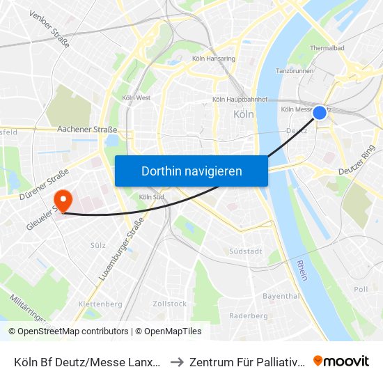 Köln Bf Deutz/Messe Lanxess Arena to Zentrum Für Palliativmedizin map