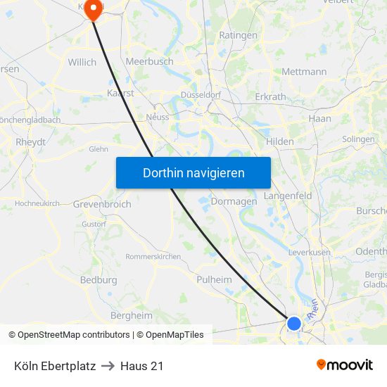 Köln Ebertplatz to Haus 21 map