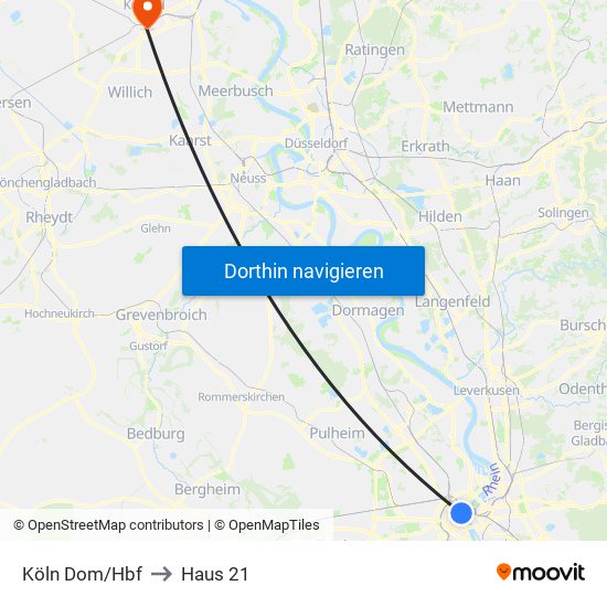 Köln Dom/Hbf to Haus 21 map