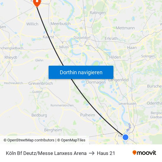 Köln Bf Deutz/Messe Lanxess Arena to Haus 21 map