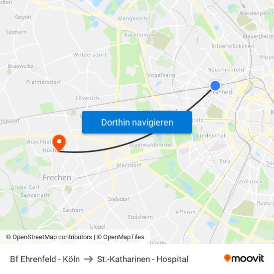 Bf Ehrenfeld - Köln to St.-Katharinen - Hospital map