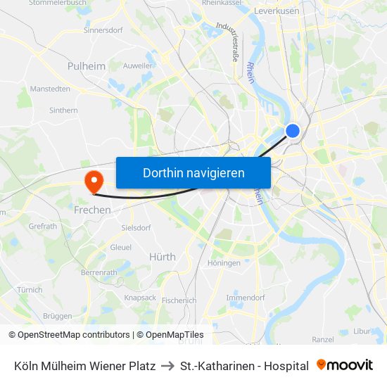 Köln Mülheim Wiener Platz to St.-Katharinen - Hospital map